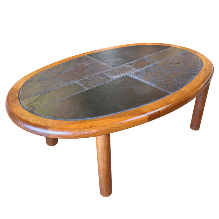 Slate and Teak Oval Coffee Table