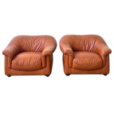 Pair of Cognac Leather ‘Soleado’ Lounge Chairs by Mobil Girgi, 1970s