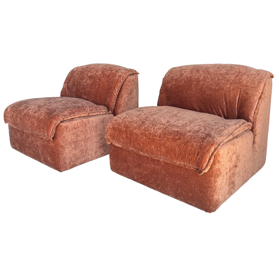 Pair of Italian Armless Lounge Chairs in Rosewood Velvet