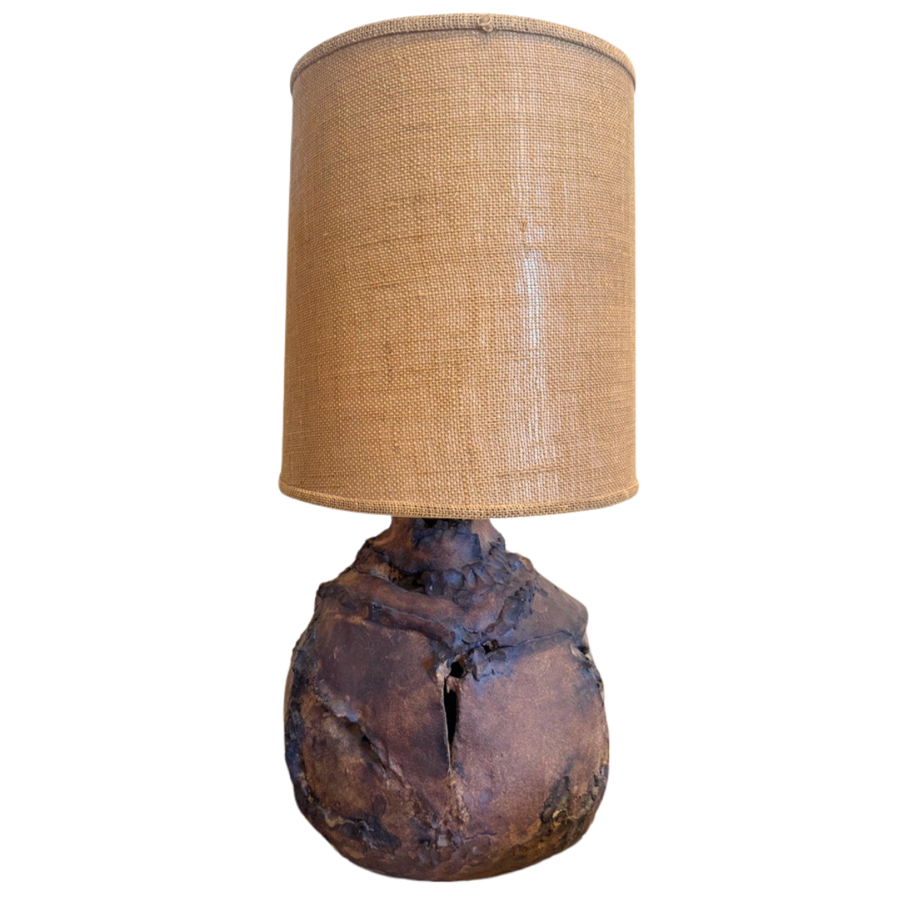 Large Textured Ceramic Table Lamp with Burlap Shade
