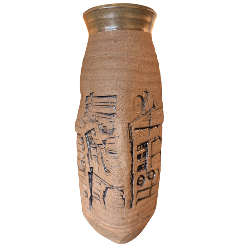 Tall Stoneware Vase with Brutalist Motifs