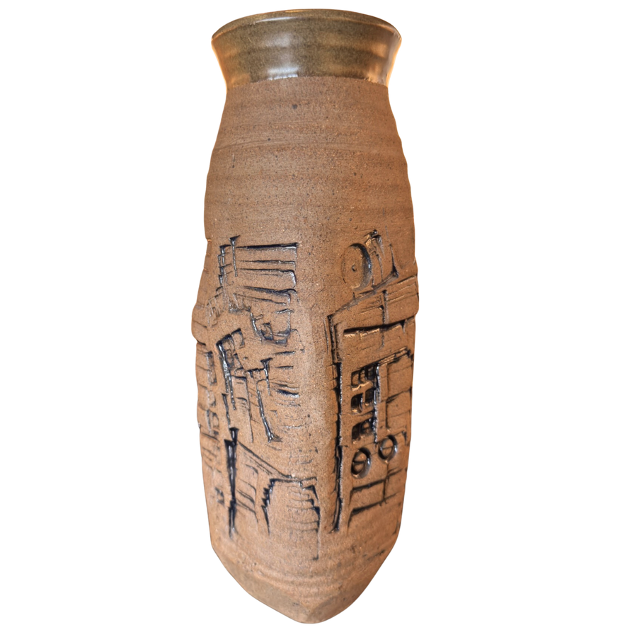 Tall Stoneware Vase with Brutalist Motifs