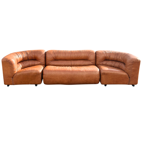 Cognac Leather Channel Back Curved Modular Sectional