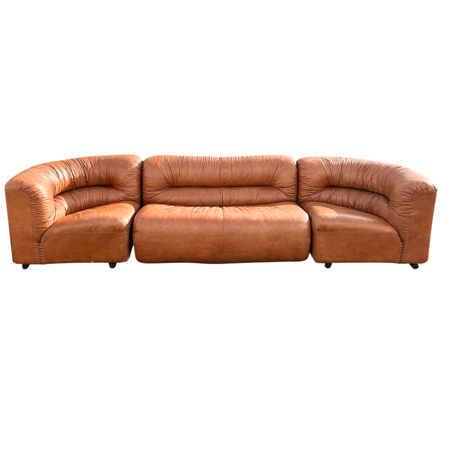 Cognac Leather Channel Back Curved Modular Sectional