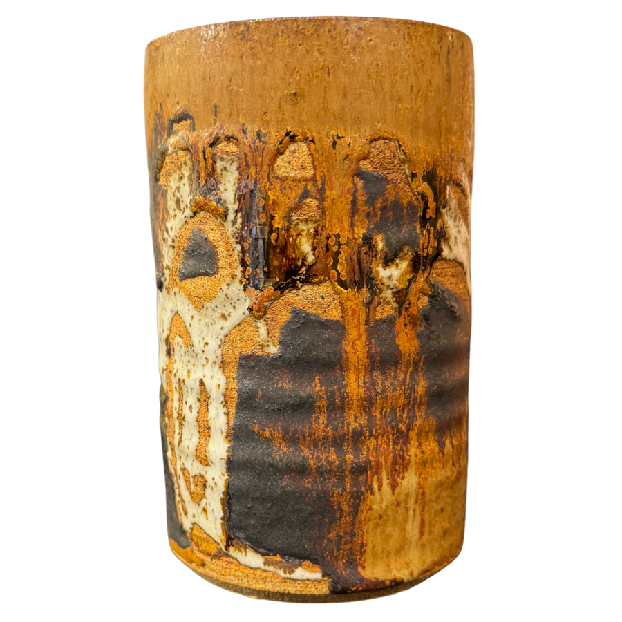Tan Stoneware Vessel with Black and White Accents