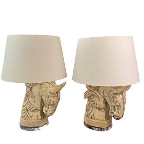 Pair of Carved Plaster Horse Head Lamps