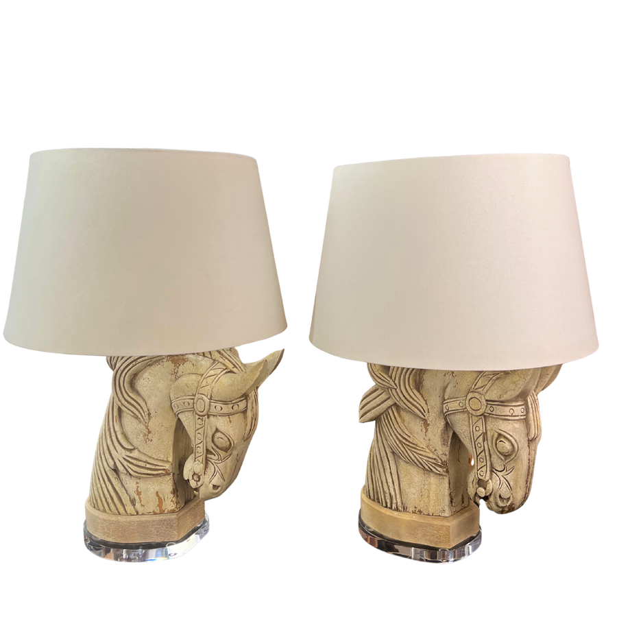 Pair of Carved Plaster Horse Head Lamps