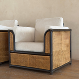 Pair of Vintage French Natural Wicker and Ebony Chairs