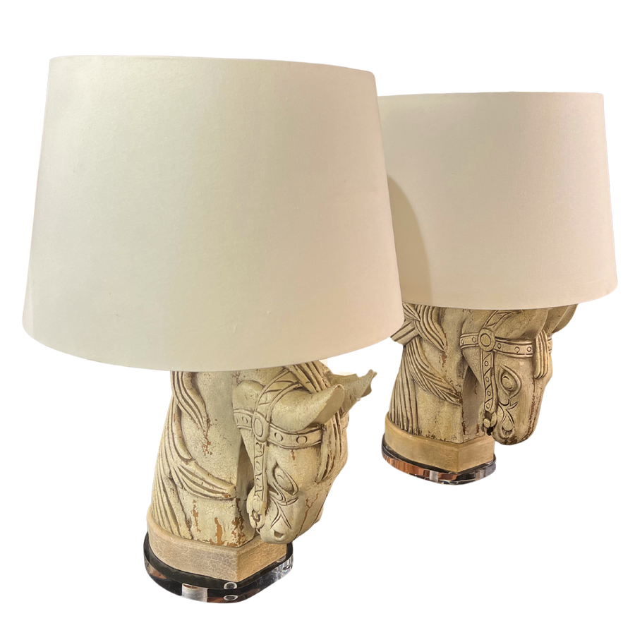 Pair of Carved Plaster Horse Head Lamps
