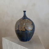 Cobalt and Tan Studio Pottery Vase with "Love" Script