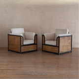 Pair of Vintage French Natural Wicker and Ebony Chairs