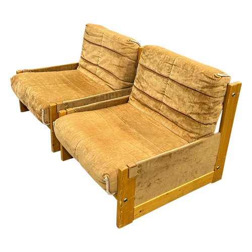 Pair of Gold Velvet Wood Frame Arm Chairs