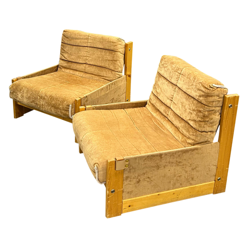 Pair of Gold Velvet Wood Frame Arm Chairs