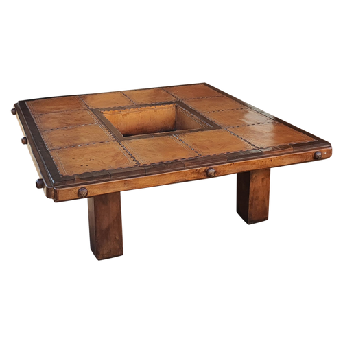 Vintage French Wood and Leather Patchwork Coffee Table