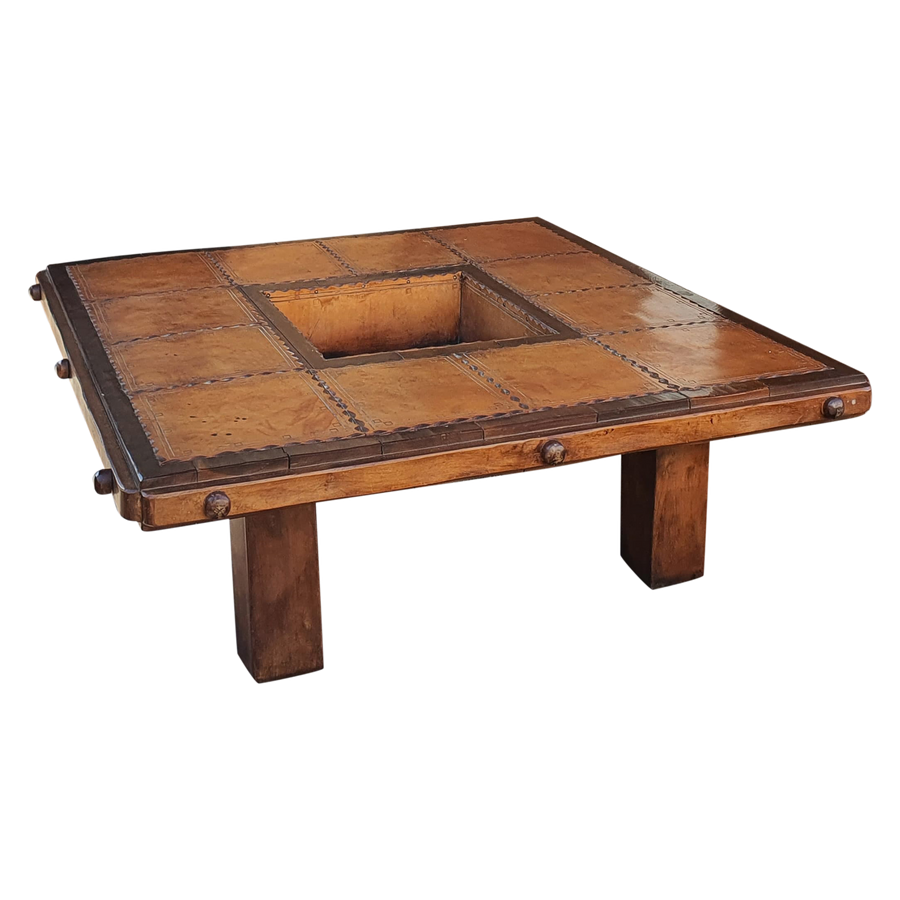 Vintage French Wood and Leather Patchwork Coffee Table