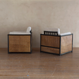 Pair of Vintage French Natural Wicker and Ebony Chairs
