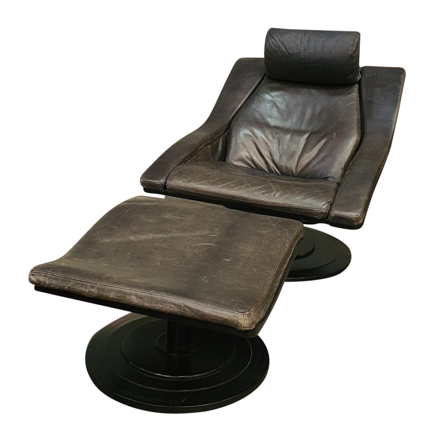 Italian Postmodern Black Leather Lounge and Ottoman