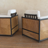 Pair of Vintage French Natural Wicker and Ebony Chairs