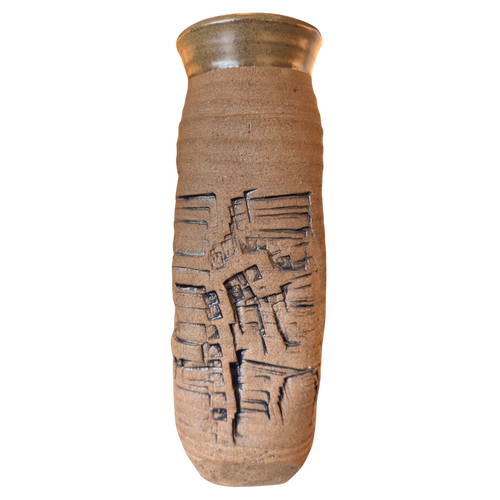 Tall Stoneware Vase with Brutalist Motifs