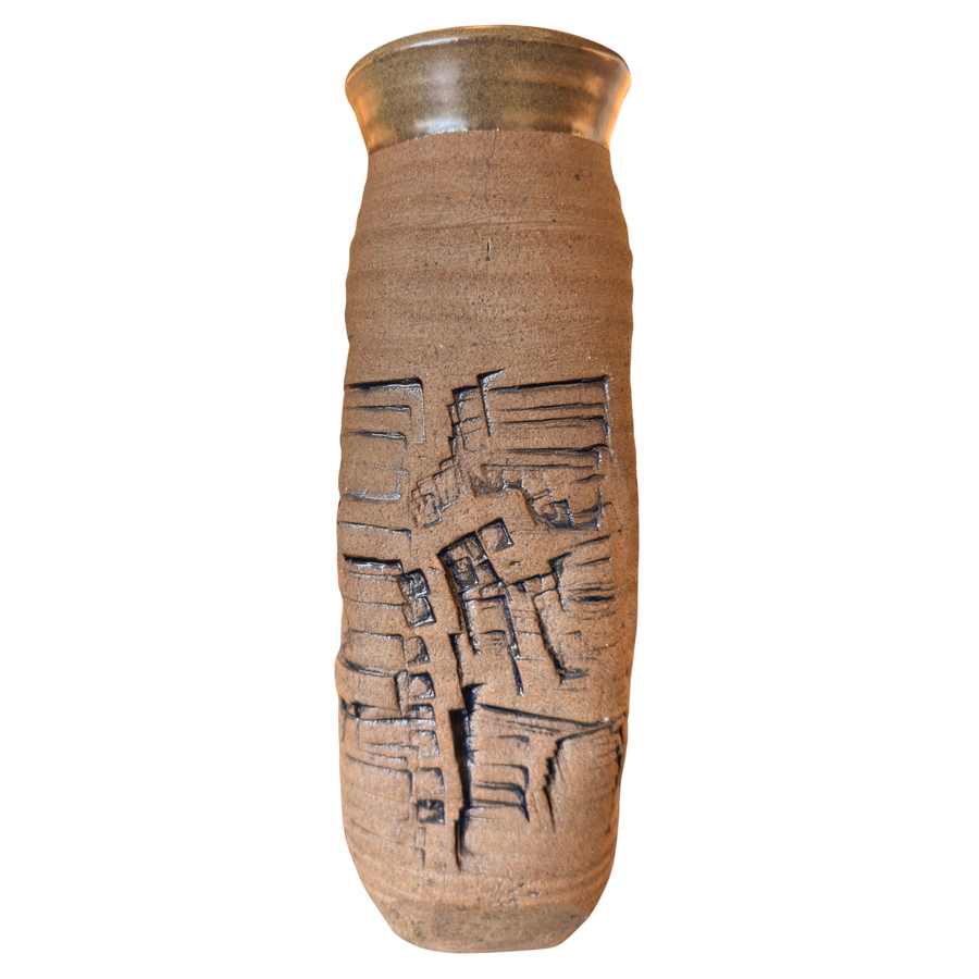 Tall Stoneware Vase with Brutalist Motifs