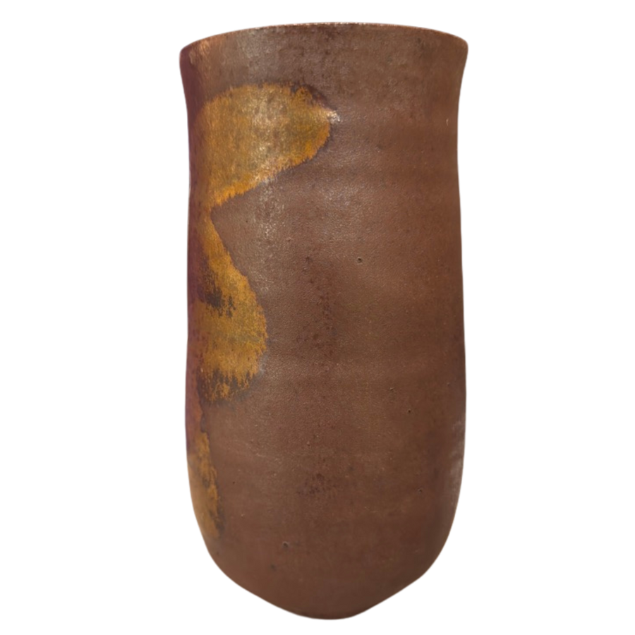 Tall Oxidized Clay Vase with Ochre Abstract Glaze