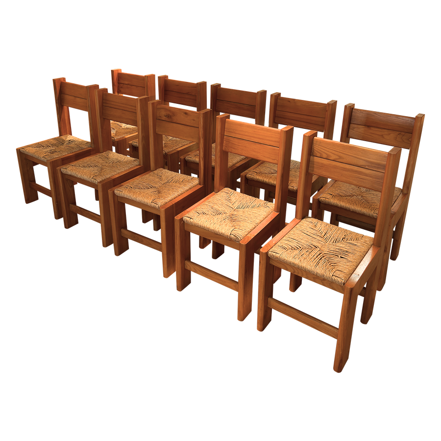 Set of 10 Rush Seat Oak Frame Dining Chairs