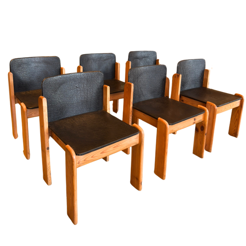 Set of 6 Italian Textured Leather Seat Dining Chairs in the manner of Silvio Coppola, 1970s