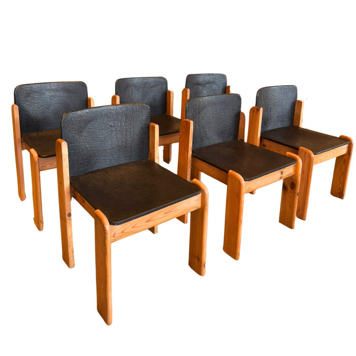 Set of 6 Italian Textured Leather Seat Dining Chairs in the manner of Silvio Coppola, 1970s