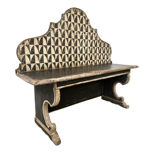 Painted Geometric Back Bench with Scroll Detail