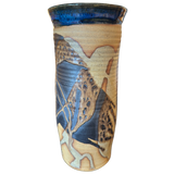 Cylindrical Vase with Blue Rim and Abstract Glaze
