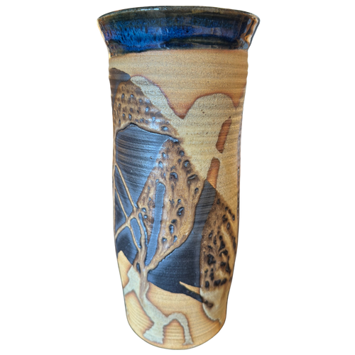 Cylindrical Vase with Blue Rim and Abstract Glaze