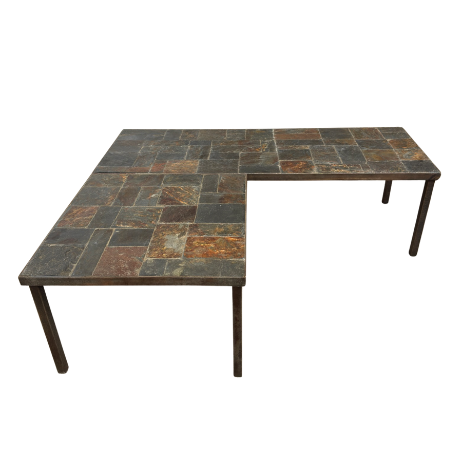 Pair of Modular Slate Tiled Coffee Tables with Iron Base