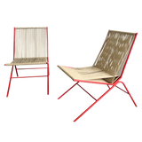 Pair of Red Metal Frame Rope Chairs