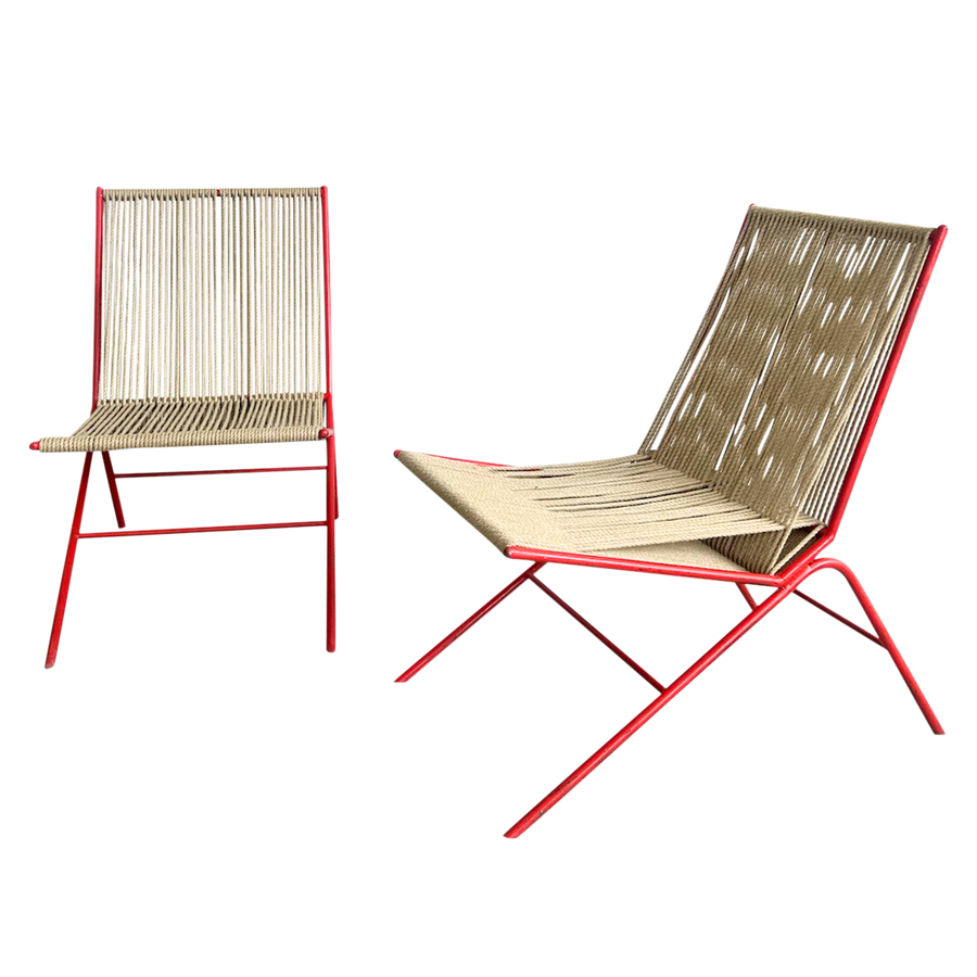Pair of Red Metal Frame Rope Chairs