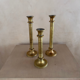 Trio of Large Ringed Brass Candlesticks