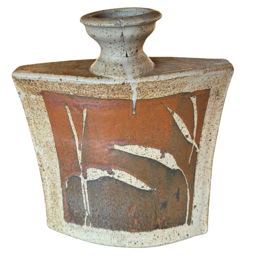 Large Square Stoneware Vase with Abstract Leaf Motif