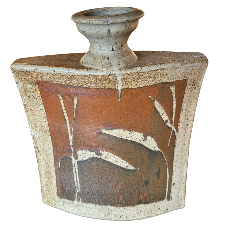 Large Square Stoneware Vase with Abstract Leaf Motif