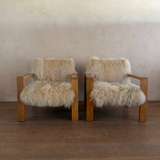 Pair of Vintage Solid Wood and Mongolian Sheepskin Armchairs