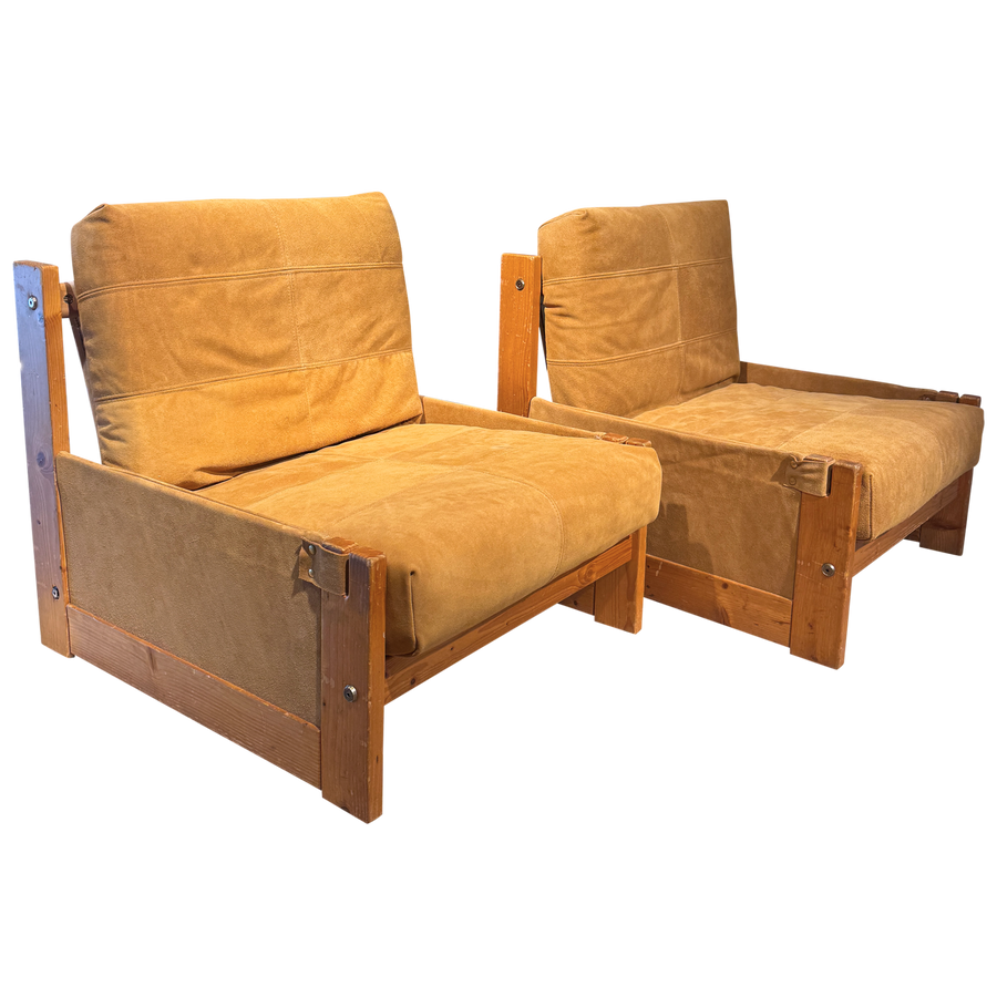 Pair of Suede Wood Frame Arm Chairs