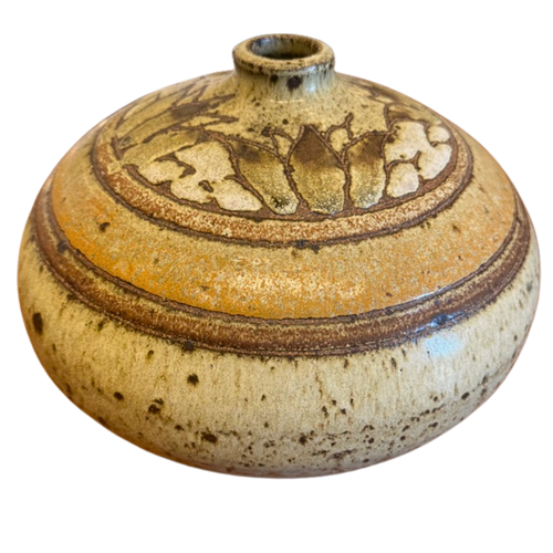 Flattened Studio Vessel with Carved Leaf Motif