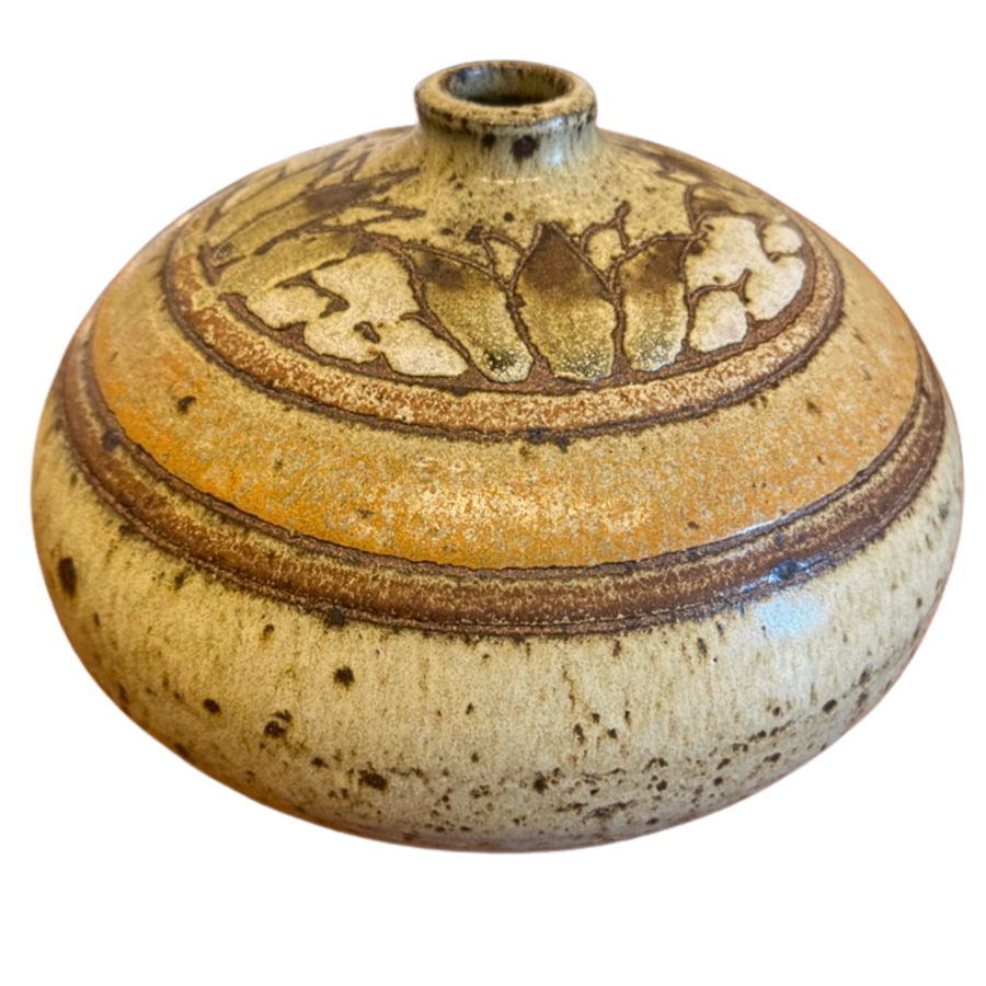 Flattened Studio Vessel with Carved Leaf Motif