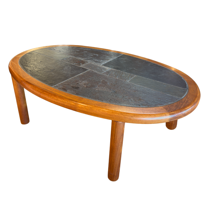 Slate and Teak Oval Coffee Table