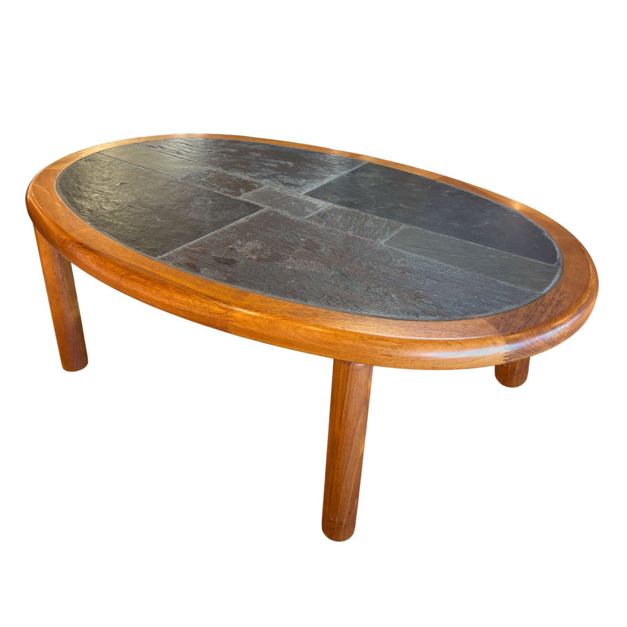 Slate and Teak Oval Coffee Table
