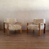 Pair of Vintage Solid Wood and Mongolian Sheepskin Armchairs