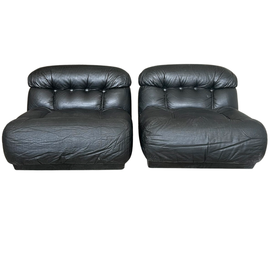 Pair of Italian Black Tufted Lounge Chairs, 1970s