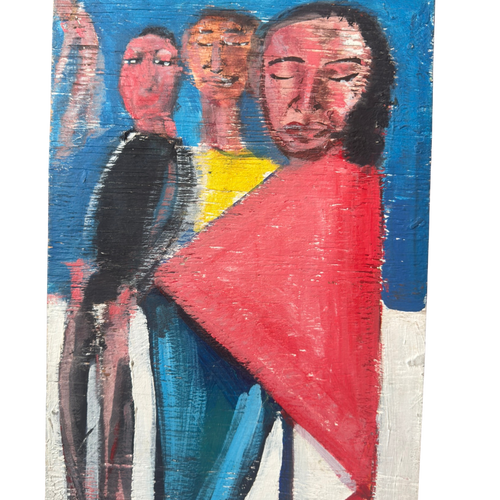 Vintage Figurative Art in Red and Blue