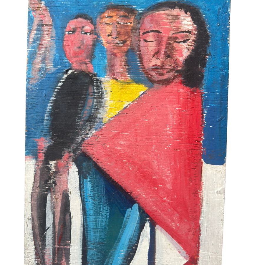 Vintage Figurative Art in Red and Blue