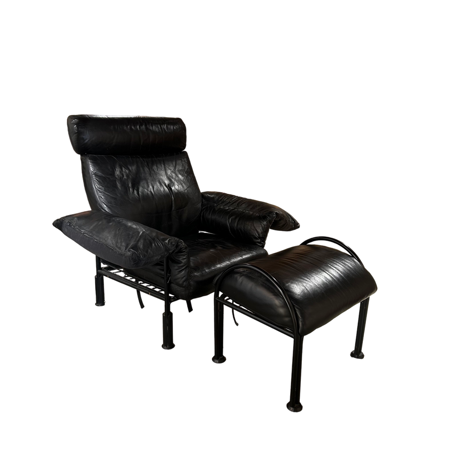 Metal Frame Black Leather Lounge and Ottoman