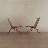 Pair of Red Metal Frame Rope Chairs