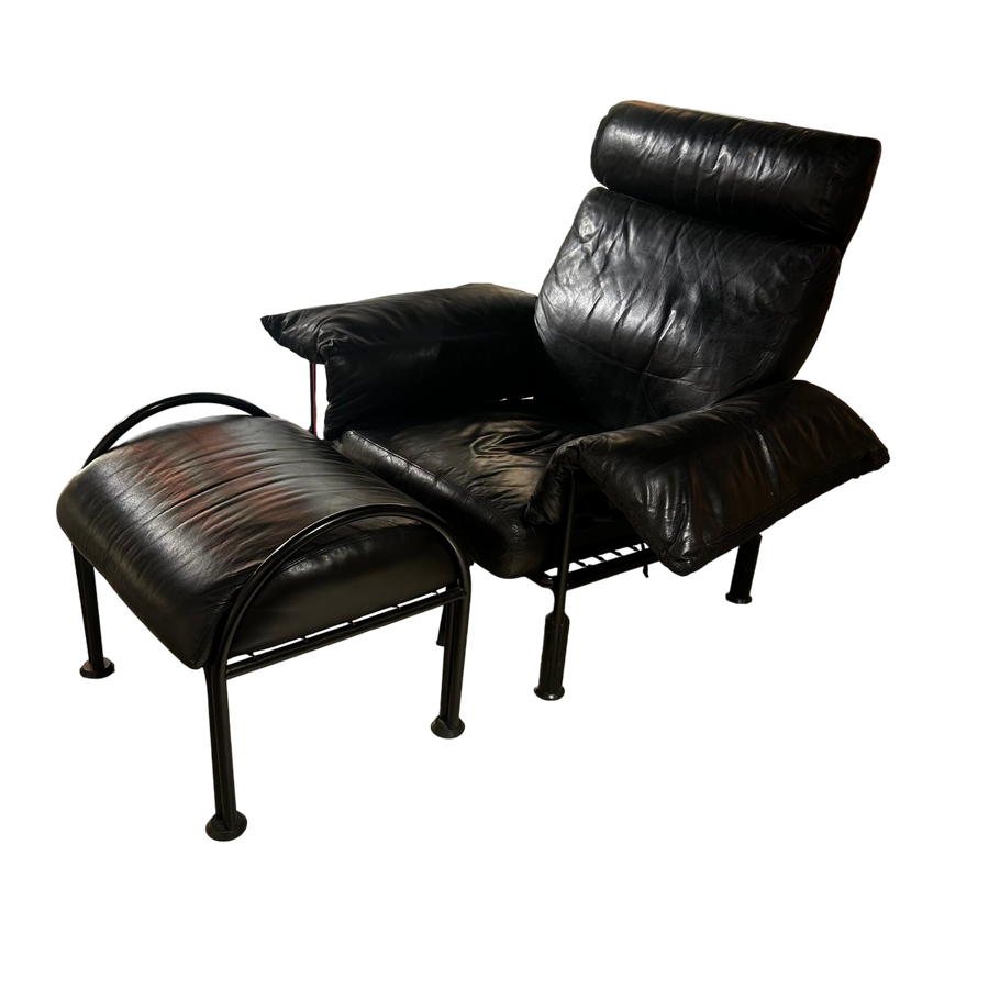 Metal Frame Black Leather Lounge and Ottoman